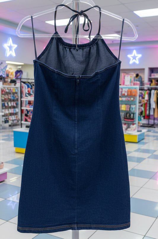 Y2K blue denim dress on a clear stand with a blurred background Mall
