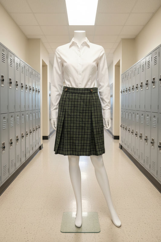 Plaid skirt with shirt locker hallway setting