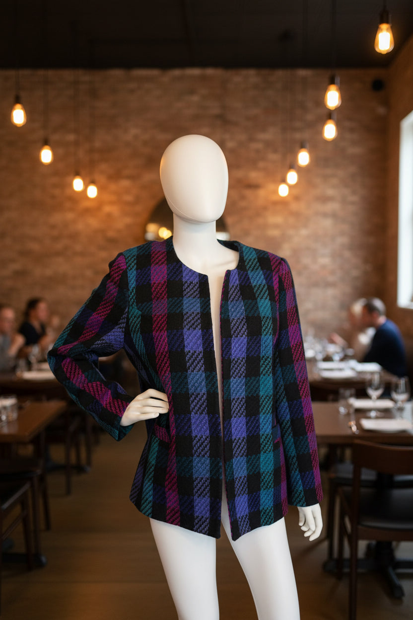 Mannequin wearing a plaid jacket in a store setting