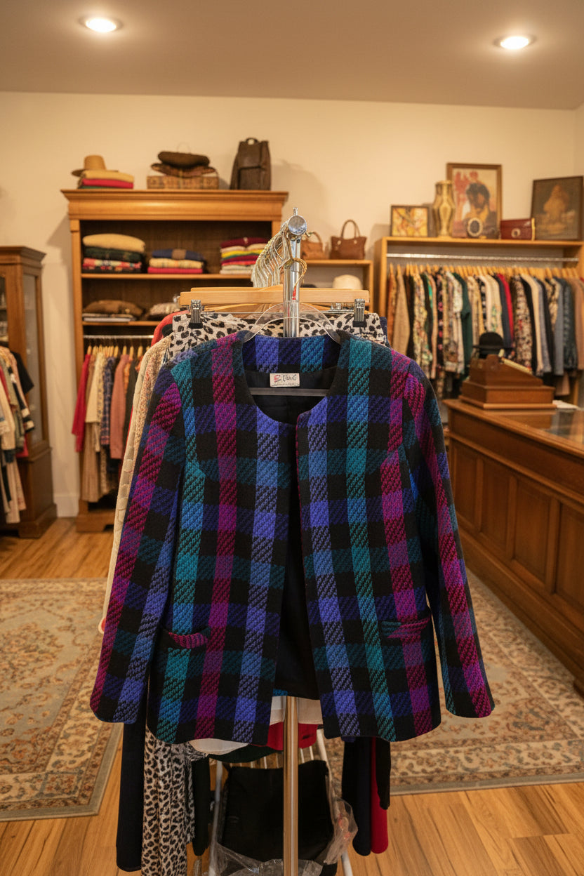 Vintage Plaid jacket on a hanger in a room with furniture and decor.
