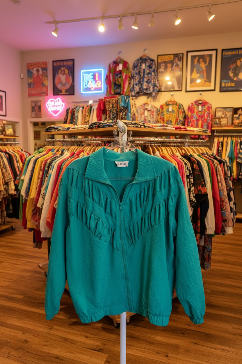 80's Teal jacket on a hanger in a room with furniture and decor.