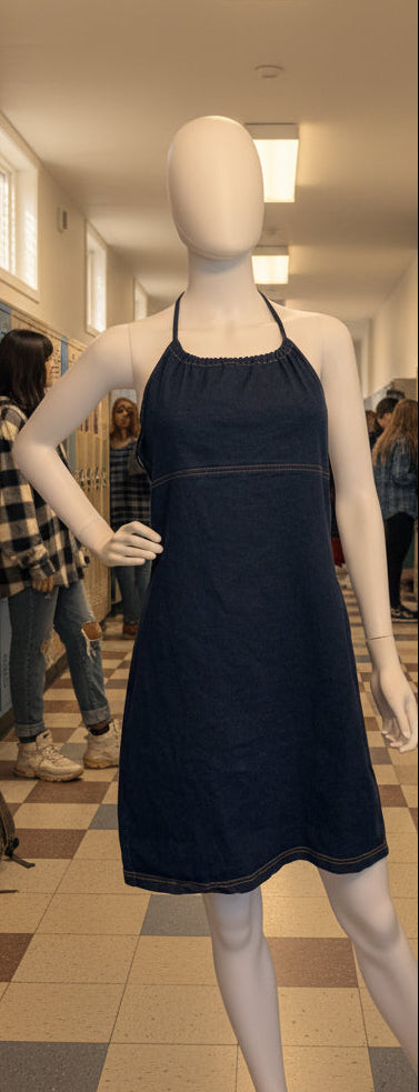 Mannequin wearing a navy dress in a high school hallway