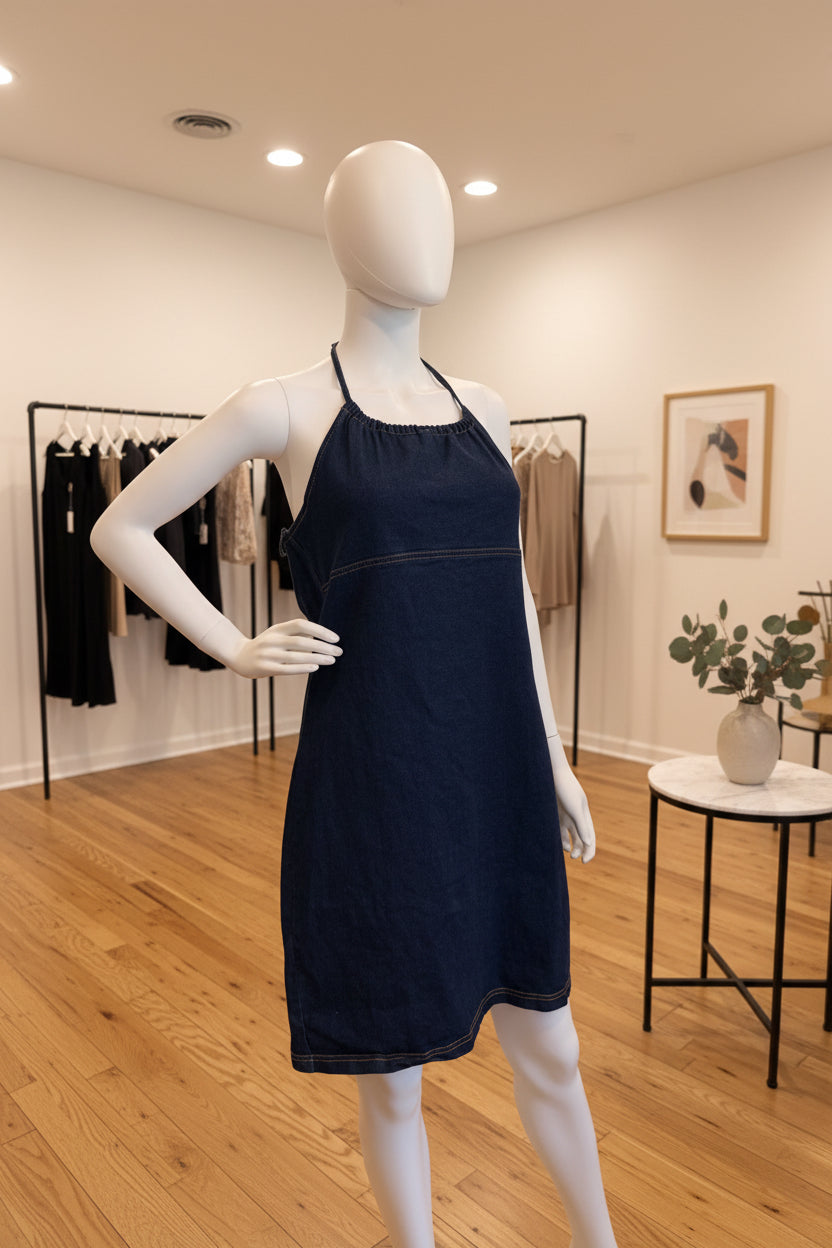 Mannequin wearing a navy dress in a high end boutique. 