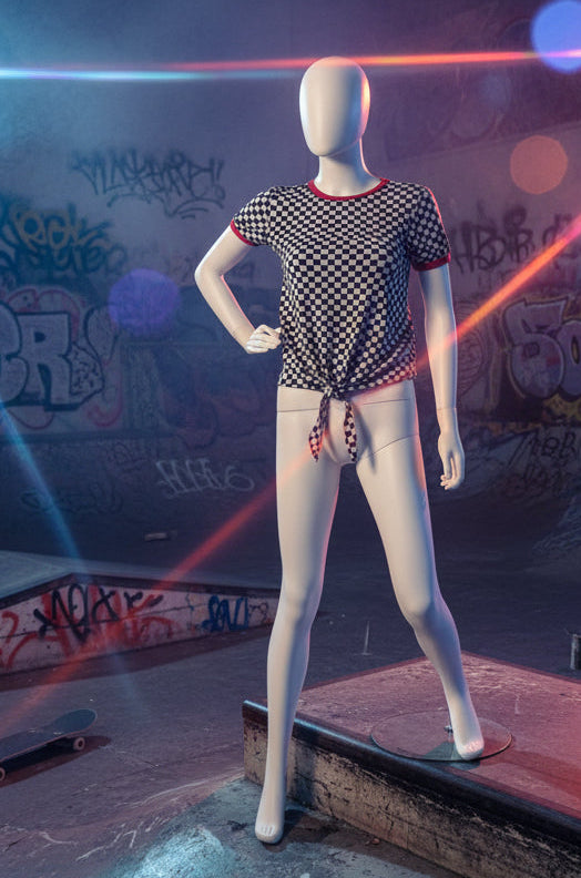 Mannequin wearing a checkered shirt skater boy background