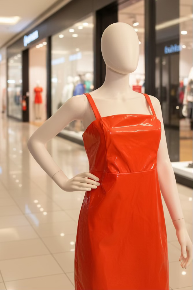 Mannequin wearing a orange pleather dress with a mall background