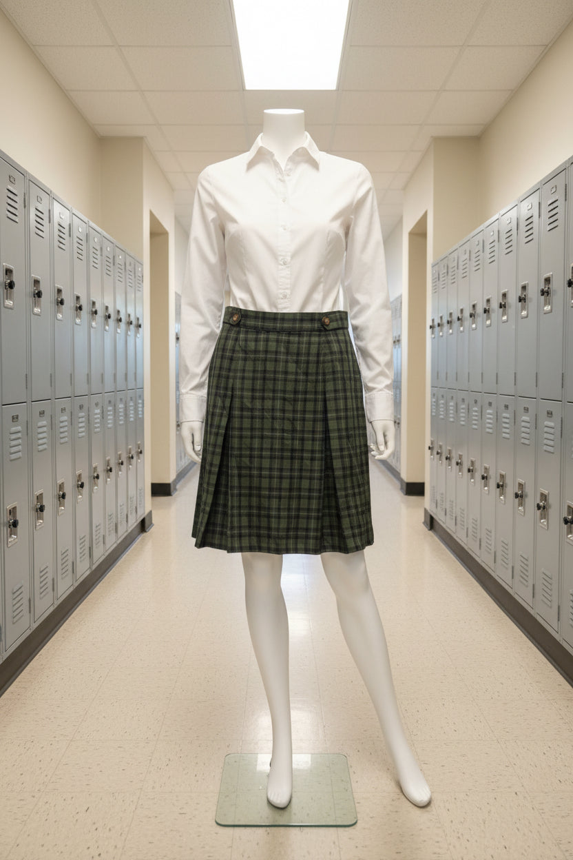 Plaid skirt with shirt locker hallway setting