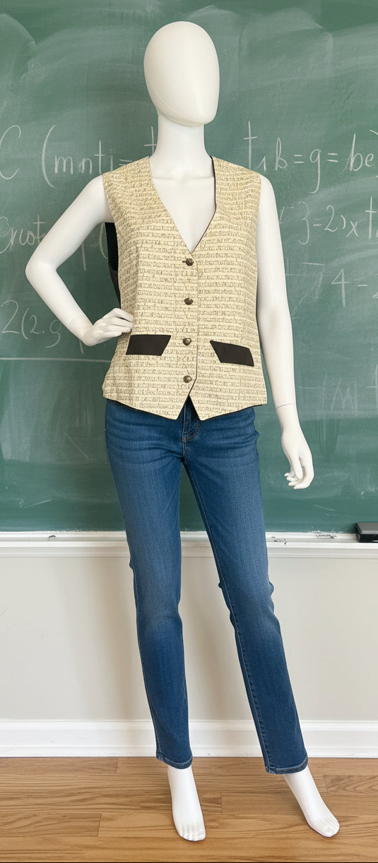 Mannequin wearing a beige vest in a room with books and decor